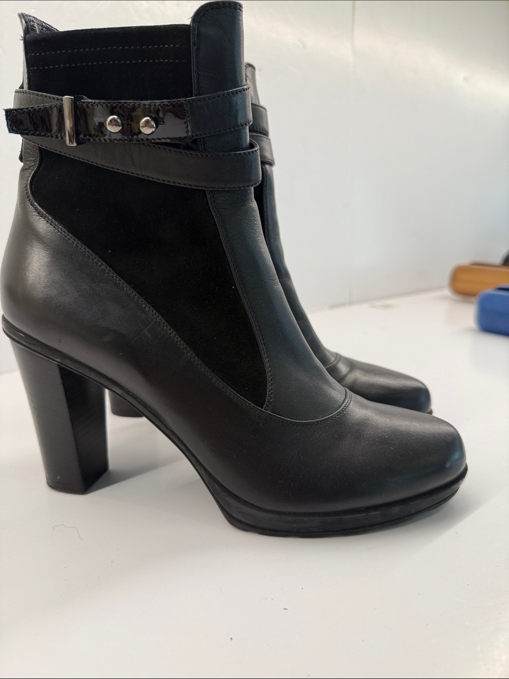 Aquatalia Black Leather & Suede Ankle Heeled Boots